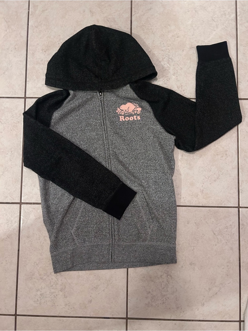 Roots Kids Two-Tone Gray & Black Zip Hoodie with Pink Logo